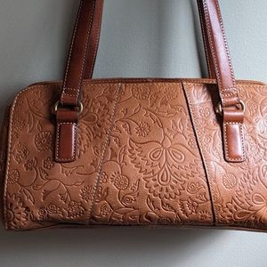 Fossil embossed paisley floral brown leather handbag